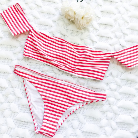 NWT Aerie Off the Shoulder Red Stripe Bikini Set - Picture 1 of 5